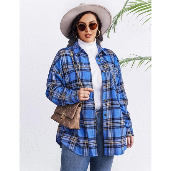 Women Plus Size Flannel Plaid Shirt Long Sleeve Casual Button Down Top - Picture 2 of 3